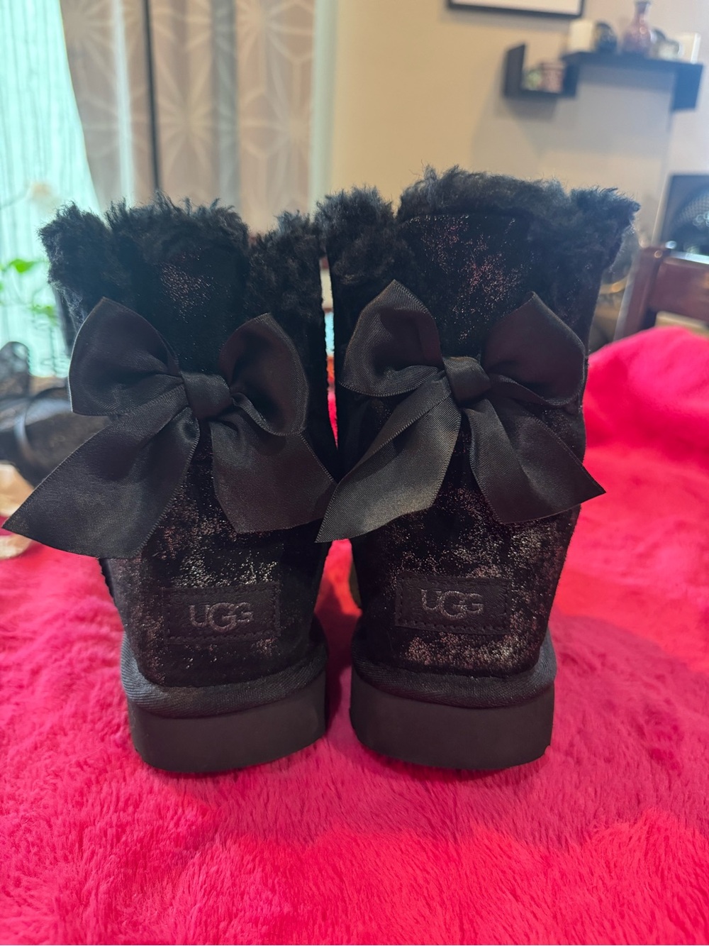 UGG Black Glitter Bow Fur-Trim Winter Boots